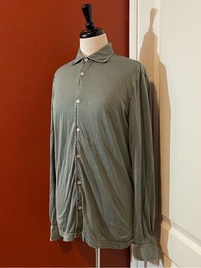 Fedeli Men’s Jersey Button Down Sage Italian Organic Cotton Long Sleeve Shirt